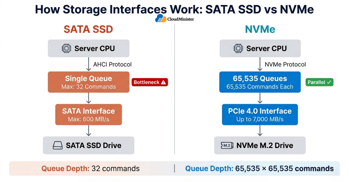 how SATA SSD and NVMe communicate with the server