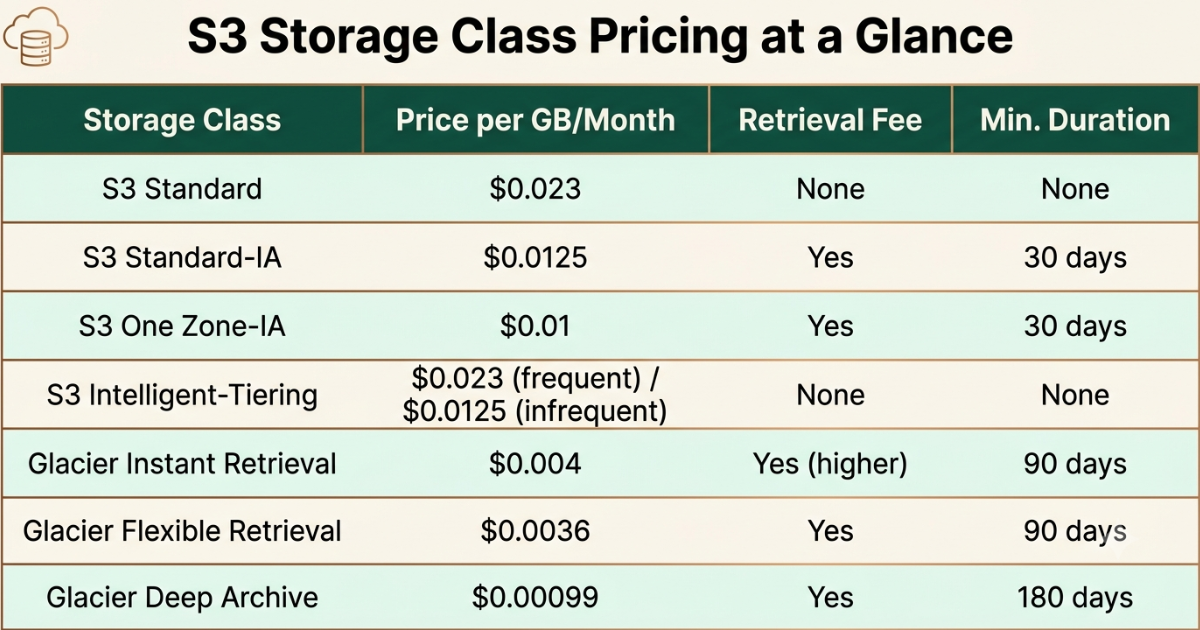 S3 storage class pricing table