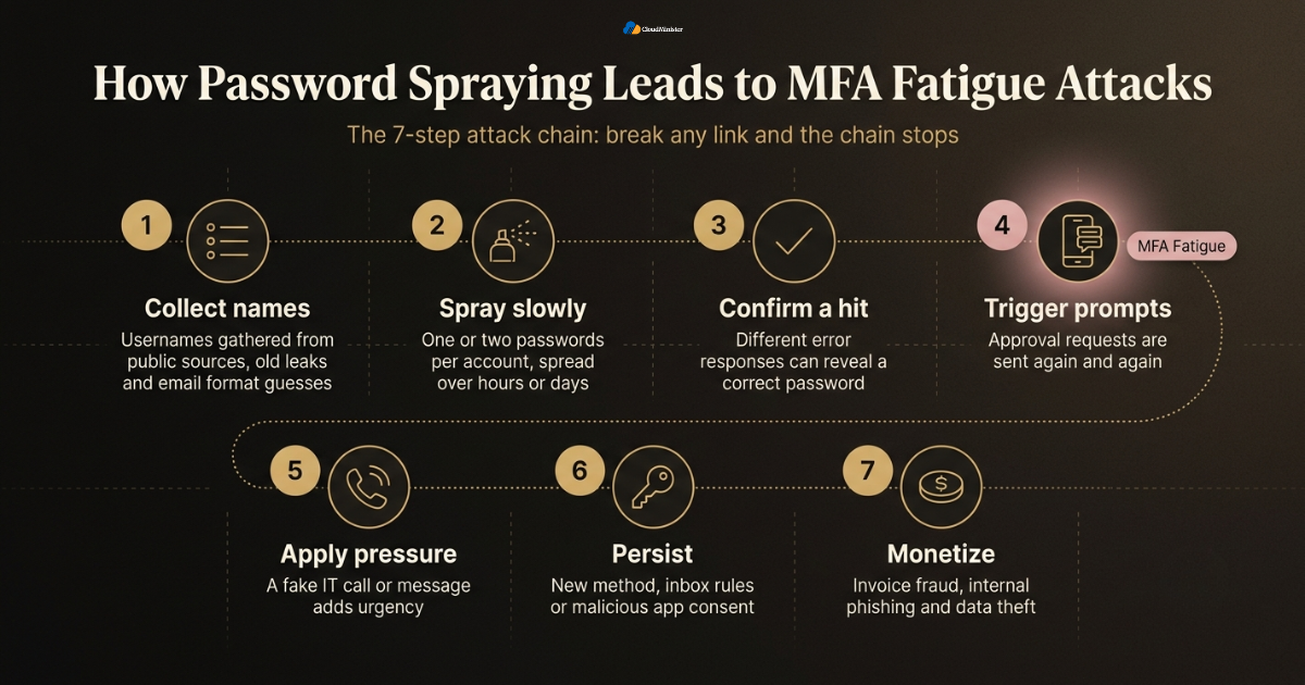 MFA fatigue attacks - Password spraying attack chain